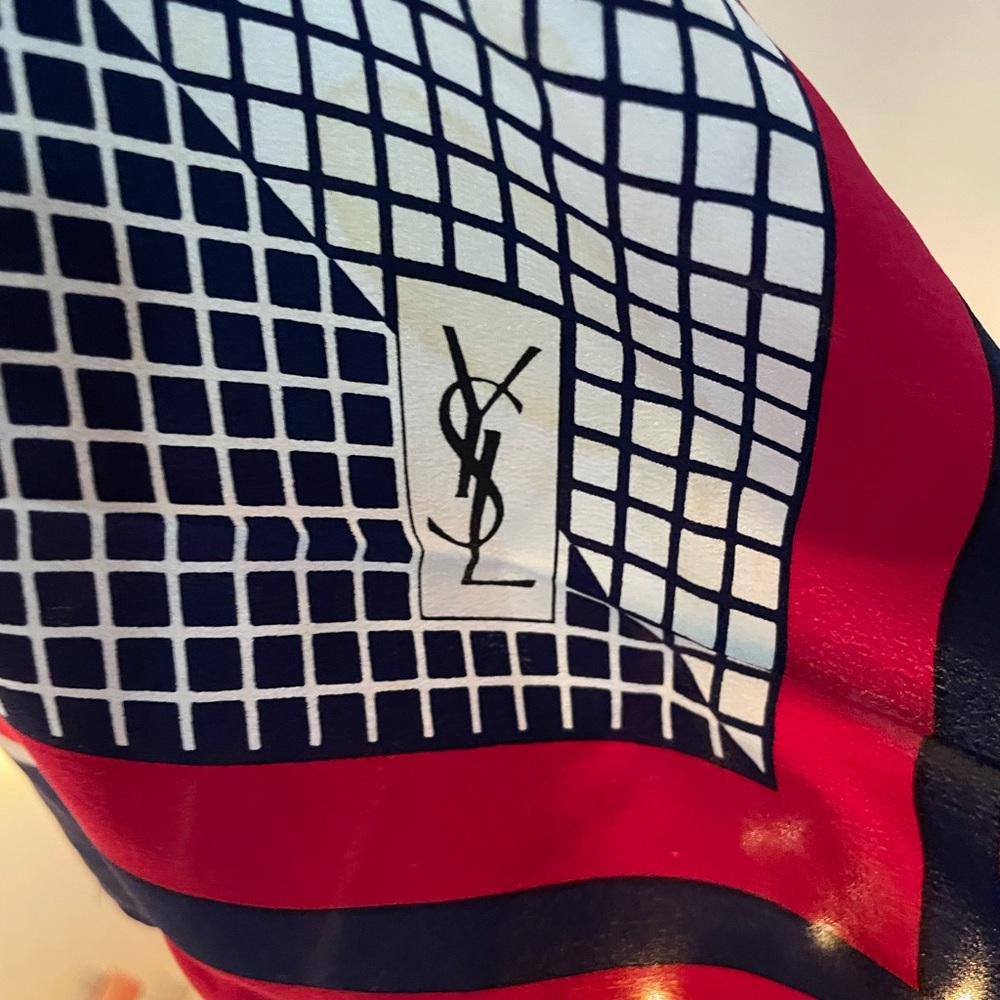 Yves Saint Laurent Red and Navy Geometric Scarf - Picture 5 of 8